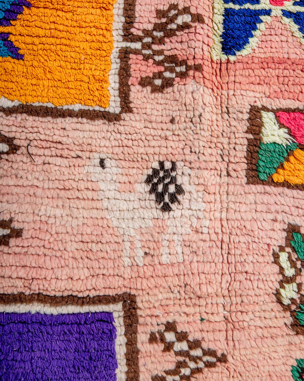 Modern, designer, handcrafted Berber rug from Morocco. Vintage carpet with beautiful colours and patterns and fluffy texture.